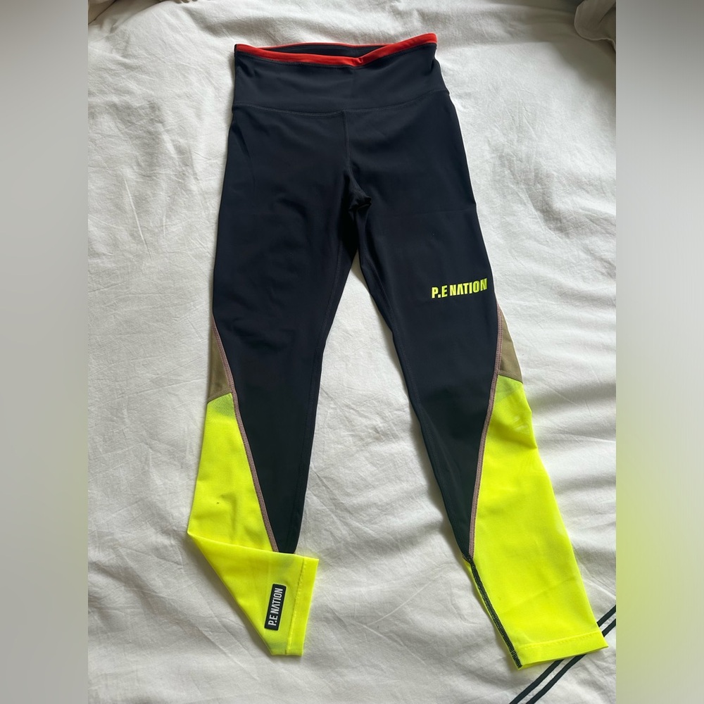 PE Nation leggings black w sheer neon mesh and patter